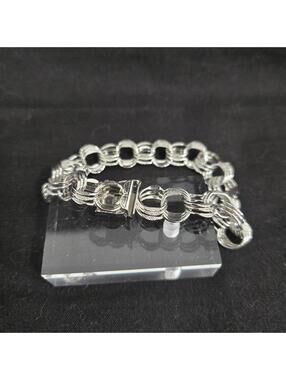 Vintage Sterling Silver Charm Bracelet 925 Chunky Triple Link Textured Flat